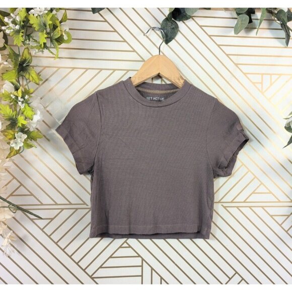 SET ACTIVE Women's Short Sleeve Cropped Ribbed T-Shirt Brown Size Small - Picture 1 of 6